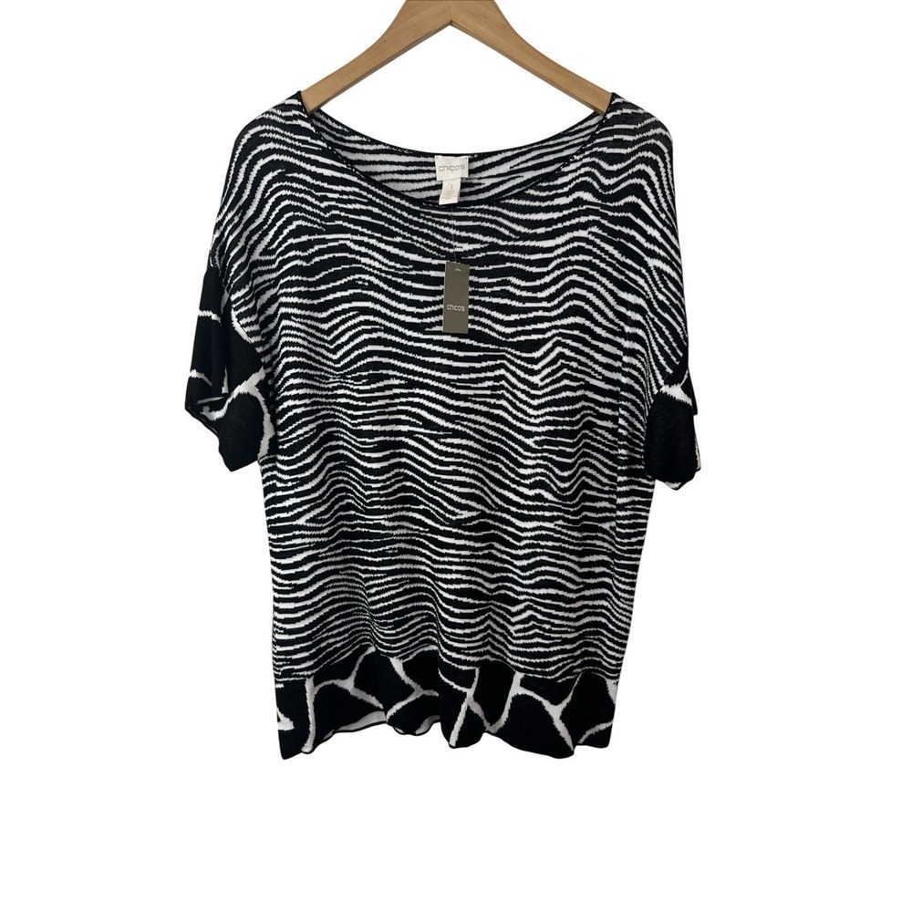 Chico's Mixed Animal Lizzie Pullover Sweater Womens Size 1 Medium Black White